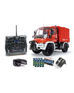 carson Unimog U300 pompier : camion RTR radiocommandé électrique avec radiocommande batterie et chargeur.